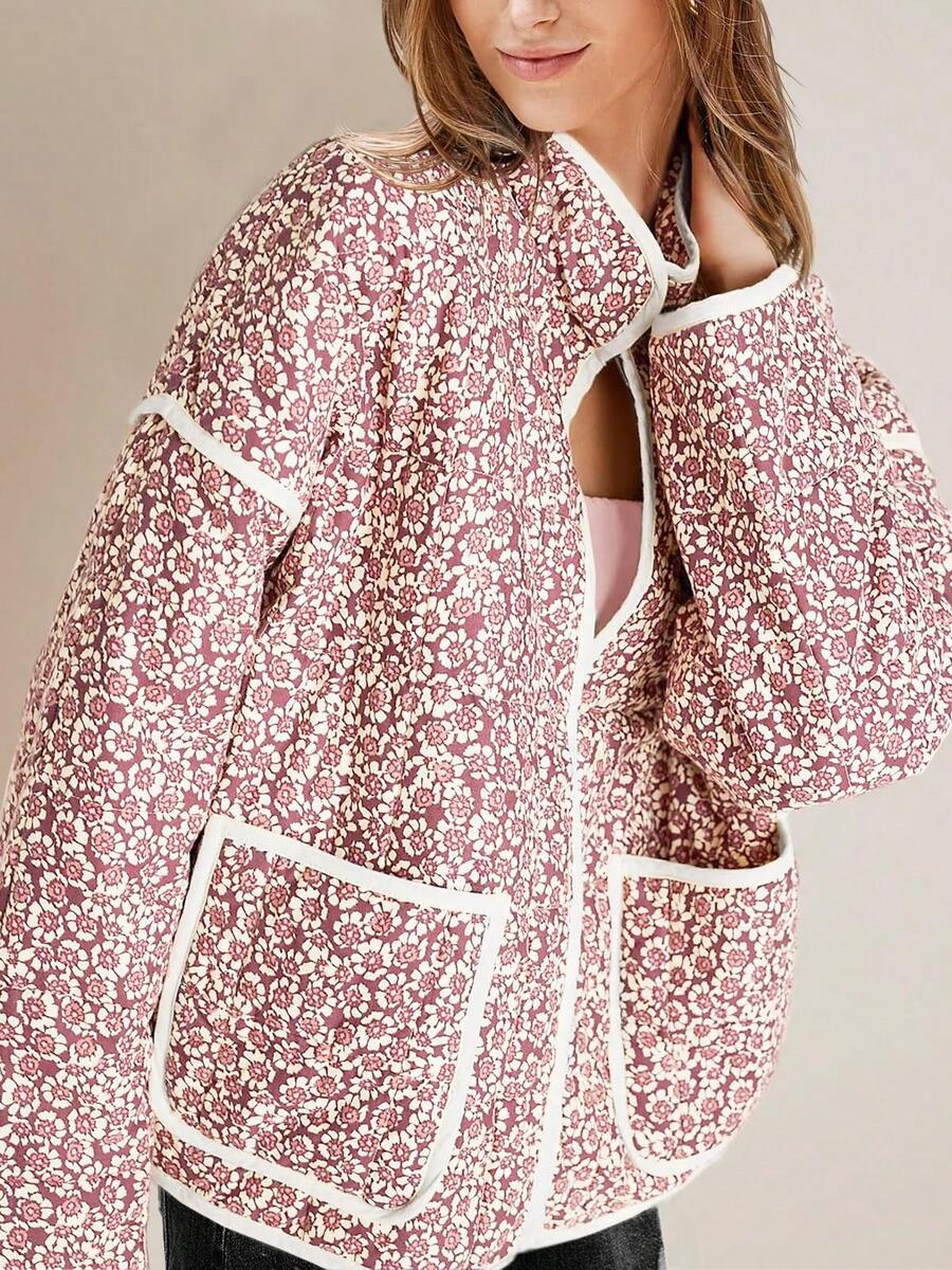 Women's Quilted Lightweight Open Front Jacket - Retro Casual | Floral Print, Contrast Trim Detail, Puff Sleeves, Patch Pockets, Relaxed Fit - Spring & Early Winter Stylish Wear - Đỏ - Xem 1