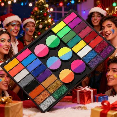 44 Colors Water-Soluble Painting Supplies, Includes 1 Brush, Matte (Multi-Layer), Fluorescent (Under UV Light), Glitter Combination Set, Suitable For Halloween, Carnival, Christmas, Stage Performance, Comic Con, DIY Design, Cosplay