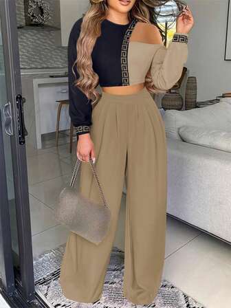 Casual Style Slim Stitching Printing Long-Sleeved Round Neck T-Shirt Shirt Woven Straight Trousers Ladies Summer Clothing Two-Piece Suit