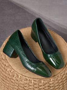 Dark Green Patent Two-Tone Stone-Texture Square Toe Block Heel Pumps – 5cm - Dark Green - View 2