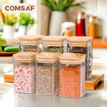 ComSaf 6Pcs 8oz Spice Jars With Label Trial Set, Glass Spice Jars With Bamboo Lids Supplementary Set, Seasoning Container Trial Pack, Perfect For Ktichen Starter - 方形/8盎司/6個 - 查看 5