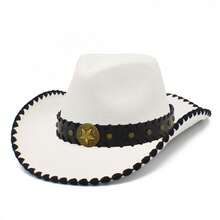 Retro Cowgirl Hat For Women Men Leather Belt Wide Brim Western Hats Costume Accessories - trắng - Xem 1