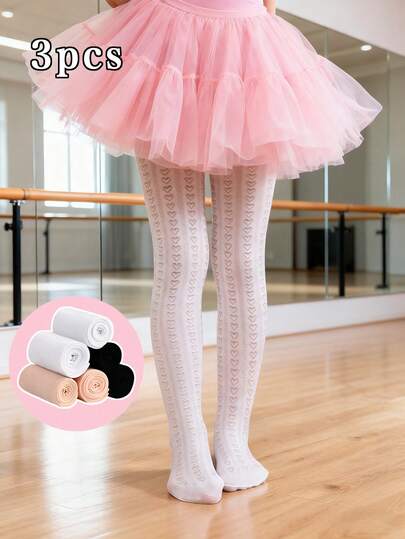 3pcs Black, Beige And White Heart Striped Children's Socks, Suitable For Girls' Daily Casual Wear And Dance Wear, Hot Selling