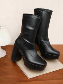 Women's Chunky Platform Mid-Calf Boots Waterproof Square Toe Fashionable Lightweight Comfort Elegant Bright Solid Color Side Zipper Classic For Parties Dress Festival Ankle Go Go BLack Boots - 黑色/PU - 查看 6