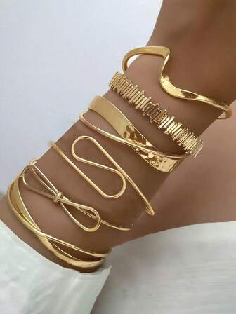 6 件复古夸张奢华几何蝴蝶结设计金属金手镯套装，适合日常佩戴和送礼