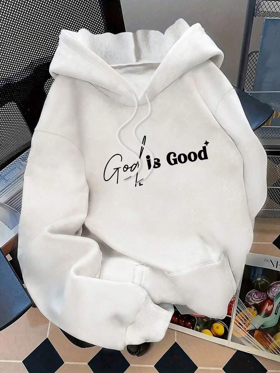 Sudadera con estampado gráfico para mujer, diseño de ropa urbana con capucha con cordón, bolsillos, mangas largas, tela de punto casual blanca - Blanco - Ver 1