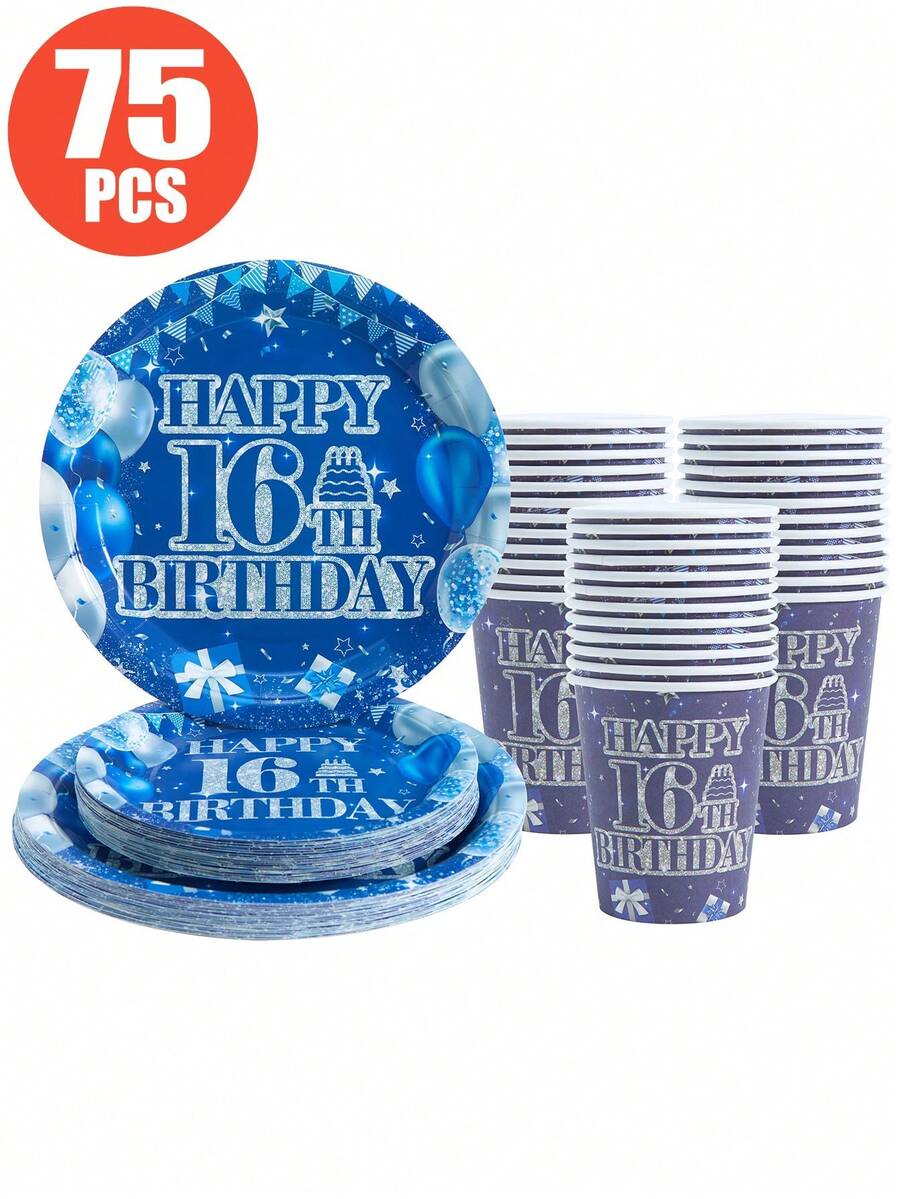 16th Birthday Blue Background Disposable Plates And Cups, Party Supplies Suitable For 25 Guests, Disposable Paper Plates And Cups For Birthday, Wedding, Party, Family Picnic - Multicolor - View 1