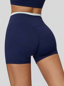 MASKERT Short de sport taille haute pour femmes, design de bande de taille color-block, ajusté et galbant, pour le yoga, le fitness et le cyclisme en été - Bleu marine - Voir 2