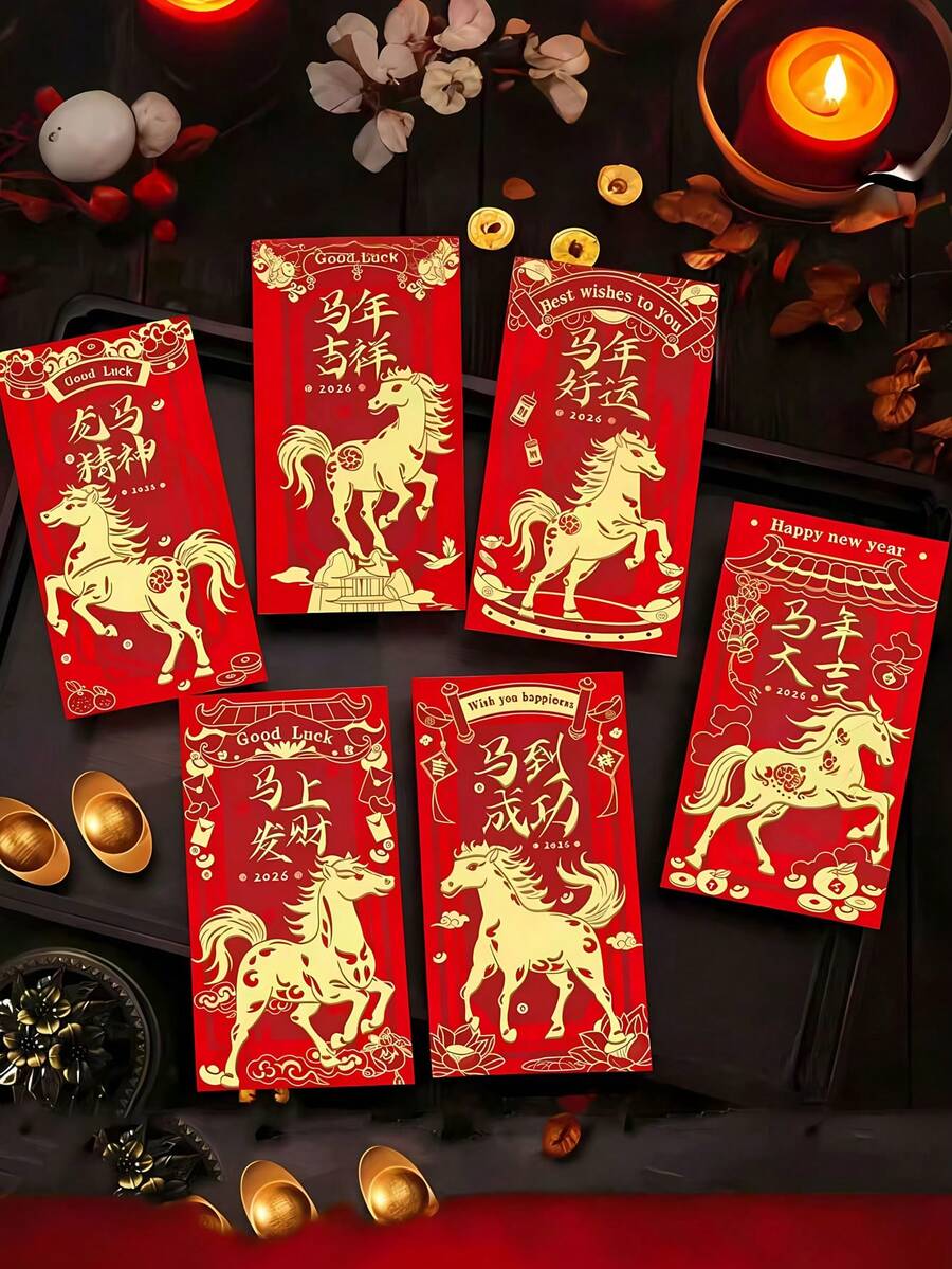 2026年中国新年马年主题红包，寓意吉祥。适用于春节、婚礼和生日等场合。是中国传统节日必备的物品，承载着真挚的祝福。也是了解中国传统的文化纽带。赠送给长辈和孩子，带来祝福和喜悦。
