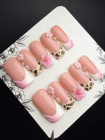 10 Piece Set Of Y2K Spicy Girl Style Pressed Nail Square Pure Handmade Wearable Armor, With Nude, White, Pink, Beige, Black, Brown Nail Pieces Designed With Leopard Print, Halo, Carving, And Sparkling Diamond Elements. Women And Girls Can Wear Glossy Nail Pieces, Suitable For Daily Wear At Parties And Dances, Including Toolkits. (Note That Accessory Colors Are Random)