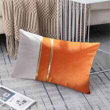 1pc Fall Pillow Covers Orange Throw Pillow Covers Decorative Velvet Patchwork With Gold Leather Pillowcase Soft Solid Cushion Case Square For Couch Sofa Living Room Fall Decor 18x18 Inch - Orange - View 6