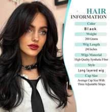 长款波浪黑色分层假发，带刘海，合成分层长款波浪假发，蝴蝶剪裁，发量较少，适合女性，24英寸 - 彩色 - 查看 3