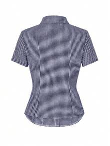 阳光少女风 Y2K 返校季纯棉修身翻领短袖衬衫，纽扣开合，藏蓝色格子学院风上衣 - 藏蓝色 - 查看 4