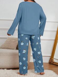 2 piezas Conjunto de pijama con estampado de mariposa para mujer talla grande - Azul - Ver 2
