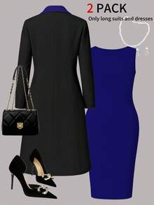 Bộ đồ 2 mảnh thanh lịch mới dành cho nữ cỡ lớn mùa Xuân/Thu: Áo khoác cardigan dài tay màu trơn + Đầm ôm sát không tay dáng midi màu đen - màu đen - Xem 4