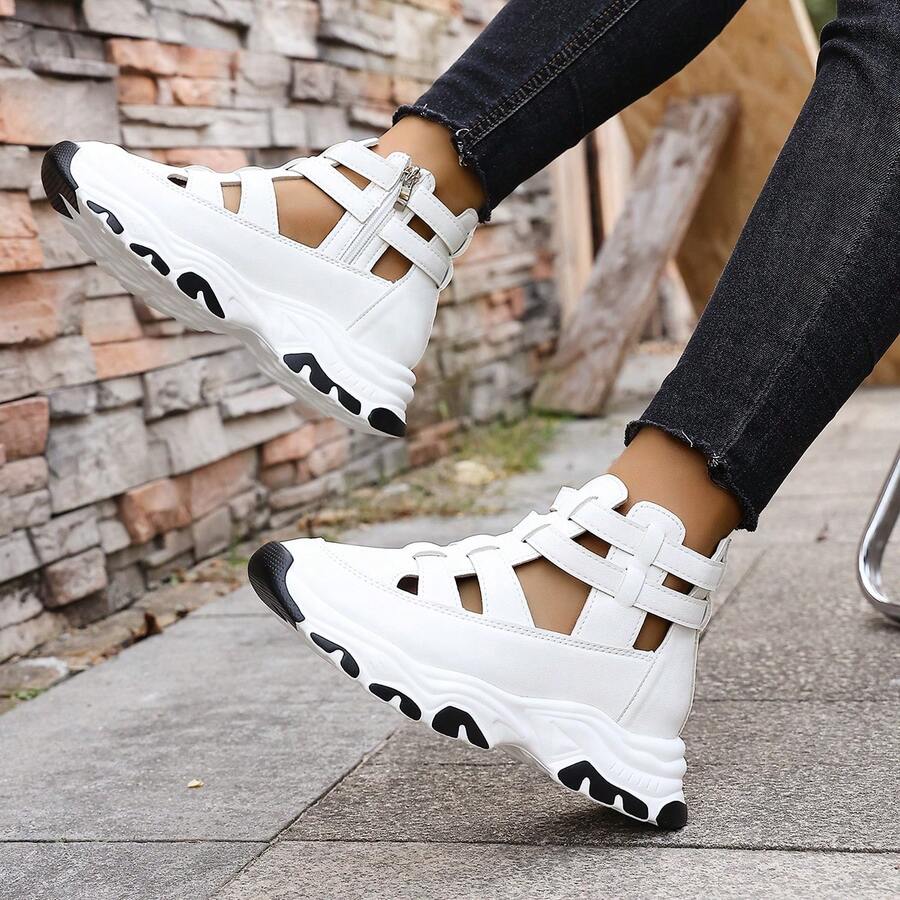 女士时尚厚底圆头镂空拉链运动凉鞋，罗马凉鞋，低帮凉鞋 - 白色 - 查看 1