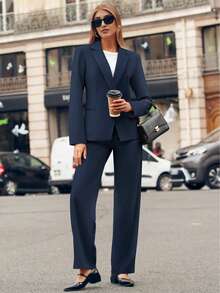 Casly Lamiit Women Plain Long Sleeve Suit Collar Regular Top And Pants Set Elegant Composite Fabric Suit With Pockets - Màu xanh hải quân - Xem 4