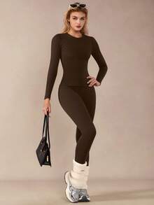NcmRyu 1套女士保暖内衬弹力圆领长袖运动裤套装 - 咖啡棕 - 查看 10