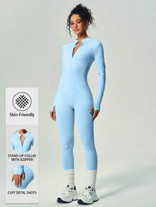 UONNOU 1件女款运动连体衣连体运动服蜜桃提臀收腰收腹显瘦美腿塑臂全身塑身拉链半开领长袖拇指孔设计小立领运动连体衣适合运动滑雪骑行健身瑜伽球类运动室内外日常休闲无缝罗纹针梭织面料运动服秋冬 - 水藍色 - 查看 4