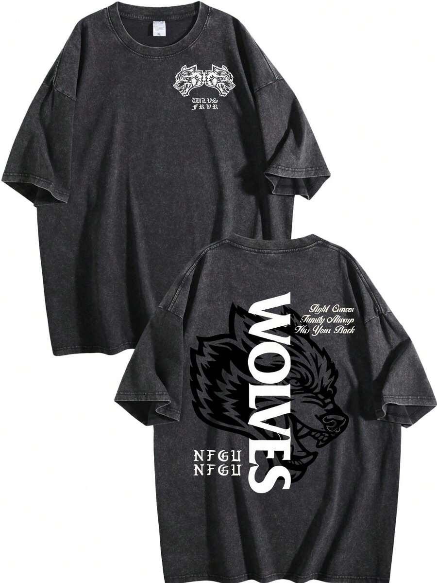 230g Vintage Washed Round Neck Short Sleeved Shirt, Tiger Head Double-Sided Print, Running T-Shirt, Street Short Sleeved Shirt, Vintage Gym Sportswear, Men's T-Shirt - màu đen - Xem 1