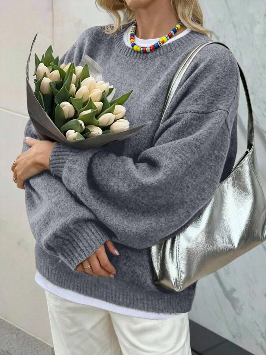Áo len dệt kim dáng rộng, cổ tròn, tay dài, màu trơn, tối giản, kiểu dáng thoải mái, dành cho nữ, thích hợp mặc đi làm vào dịp năm mới. - Xám - Xem 1