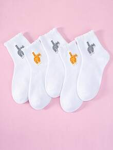 1/2/5 Pairs Cat & Bell Design Casual Mid-Calf Socks, Bubble Opening, Ruffled Edge, Pleated Edge, Ladies' Socks Funny & Cute For Summer Of Novel And Creative Abstract Cat Socks, Cute Cat, Egg Jingle Bell Patterned Funny Crew Socks, Suitable For Summer Three-Dimensional Cat Egg Socks, Mid-Tube Socks, Cute And Funny Cats - Comfortable And Breathable, Suitable For Both Home And Outdoor Use - Pink - View 3