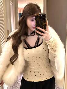 Lace Patchwork 2 In 1 Long Sleeve T-Shirt For Women, Bow Decor, Slim Fit, Gray, Base Layer Top - Apricot - View 2