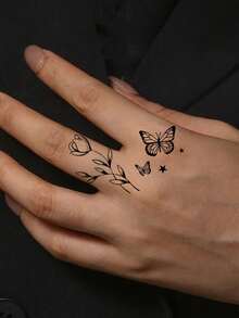 30张防水黑色小号图案临时纹身贴纸，蝴蝶、星空、花朵、爱心纹身图案，男女通用，一次性假纹身，可用于手、腿、手臂、脸、手指、脖子和身体其他部位。 - 黑色 - 查看 6