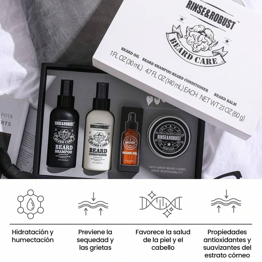 Set de cuidado de barba Rinse & Robust - Colección premium 4 en 1 (champú para barba, acondicionador, aceite esencial, bálsamo para barba) para hombres | Fragancia natural de sándalo | Regalo ideal para el Día del Padre, San Valentín, Día del Hombre o Epifanía | Perfecto para barbas gruesas y pieles sensibles - Blanco y Negro - Ver 1