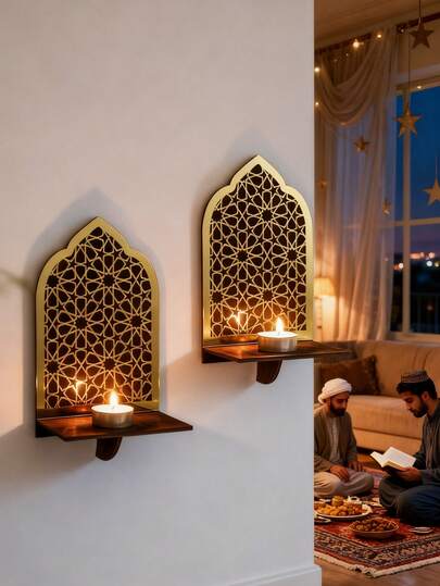 1pc Geometric Arch Design Wall Mounted Candle Holder, Elegant Wall Hanging Plant And Candle Storage Rack, Modern Home Decor, Fashionable For Living Room, Bedroom, Office, Multi-Functional Display Shelf, Candlelight Accent, Geometric Arabic Style Wall Lamp, Gold And Black Design, Decorative Wall Decor