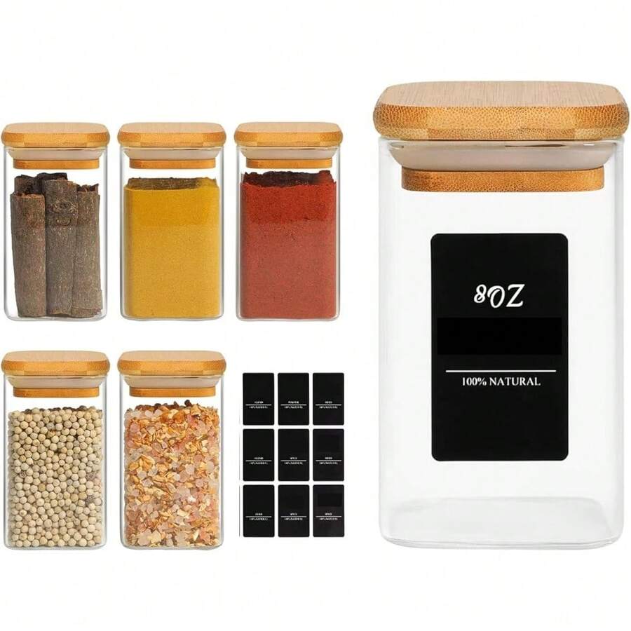 ComSaf 6Pcs 8oz Spice Jars With Label Trial Set, Glass Spice Jars With Bamboo Lids Supplementary Set, Seasoning Container Trial Pack, Perfect For Ktichen Starter - 方形/8盎司/6個 - 查看 1