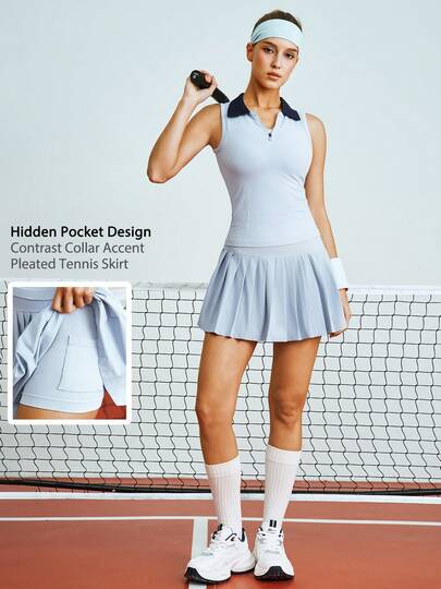 Leorrey 一套女士时尚撞色领半拉链无袖修身背心和百褶裙网球套装，带口袋