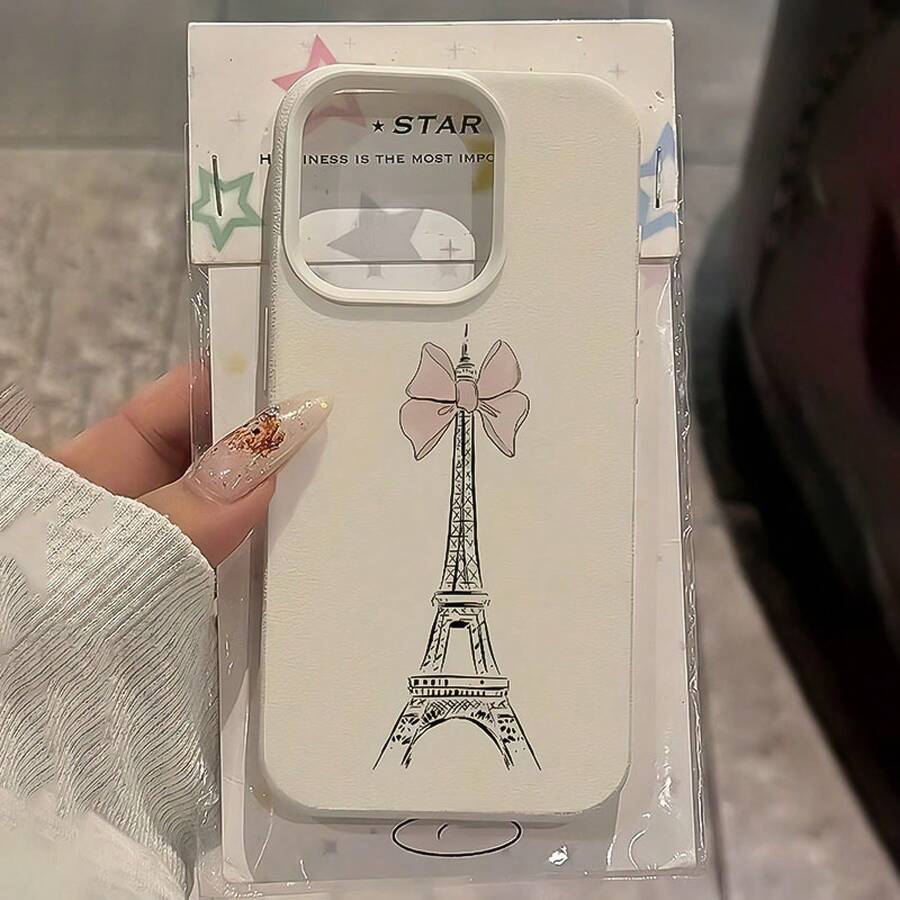 Phone case: White Bow Pattern Eiffel Tower Full-Coverage TPU Shockproof Phone Case, Compatible with iPhone 17/16e/16/15/14/13/12/11 /Pro/Max/Air/X/XR/XS Max/8/7 Plus, Anti-Drop Matte Back Cover, Smartphone Protective Case, Daily Use Case, Fashion - Estilo 1 (1 pieza) - Ver 1