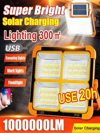 USB Rechargeable LED Solar Flood Light 1000000 LM, High Power Portable Camping Tent Light For Work/Repair Lighting, Suitable For Camping/Night Markets/Travel/Emergency Blackout Lighting, Rechargeable Outdoor Solar Portable Flood Light