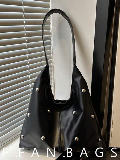 2025 Fashion Matte Solid Color Punk Rivet Commuter Tote Bag, Minimalist Niche Underarm Bag, Stylish Large Capacity Shoulder Bag , Goth , Office