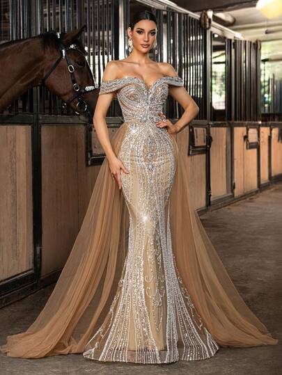 Classy Sequins Diamond Decoration Dinner Formal Dress Beads Party Evening Gown Mermaid Hem Sleeveless Slim Floor Length Dresses