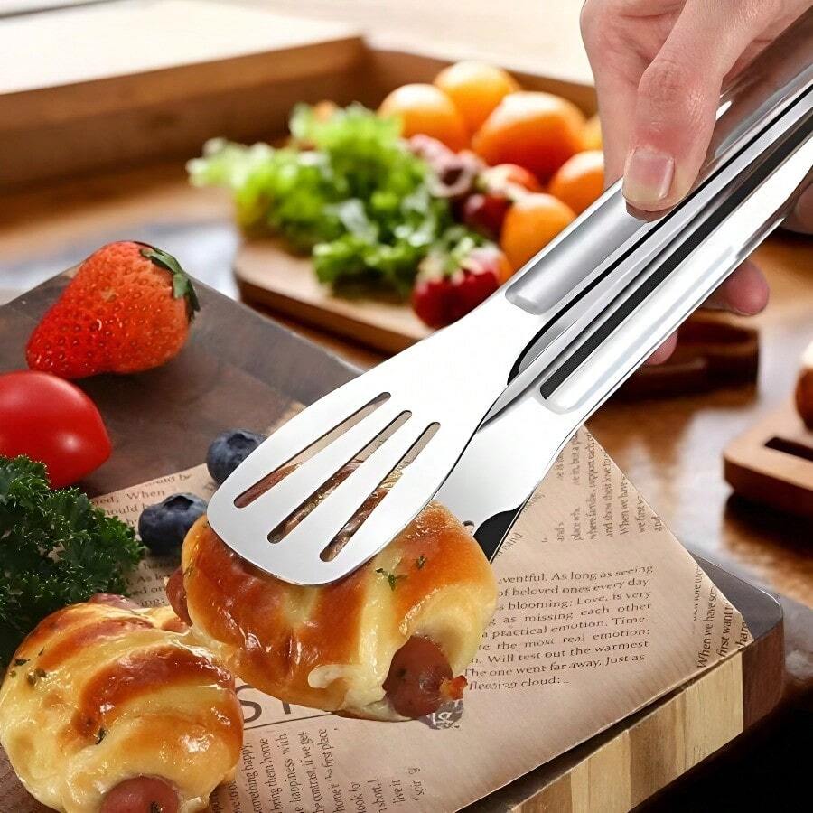 1PC Metal Kitchen Tongs Stainless Steel - High Temp Resistant Cooking Grilling BBQ Tongs, Serving Tongs For Buffet Food Pasta Salad, Ice Toaster Grill Tongs - Silver - View 1