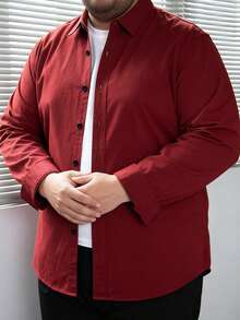 Men's Plus Size Solid Red Shirt, New Classic Long Sleeve Shirt, Elegant Shirt Top For Autumn - Red - View 2