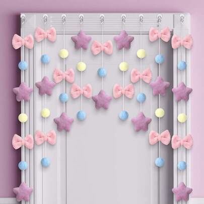 可爱粉色蝴蝶结毛绒门帘，卡哇伊风房间装饰，蓬松蝴蝶结紫色五芒星花环门帘，适合女性卧室门窗墙壁派对装饰