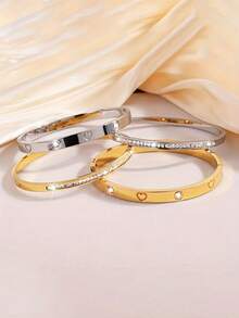 1pc Stainless Steel Fashionable Versatile Heart-Shaped Rhinestone Bracelet, Suitable For Daily Wear - Yellow Gold - View 6