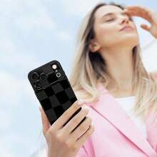 Funda KANGHAR compatible con 14, patrón de cuadros de silicona, funda de teléfono suave y delgada con protección para cámara para chicas y mujeres - Funda de teléfono creativa negra, a prueba de golpes y resistente a caídas, protección completa, adecuada para 17/17ProMax/iPhone16/16Plus/16Pro/16ProMax, iPhone15/15Plus/15Pro/15ProMax, iPhone14/14Plus/14Pro/14ProMax, iPhone13/13Pro/13ProMax, regalo perfecto para novia, novio, Día de San Valentín, Navidad - Negro - Ver 7