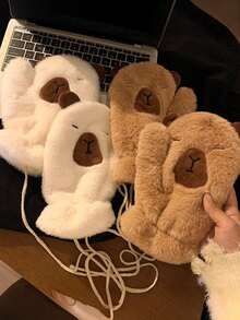 1 Pair Teens Adorable Cartoon Winter Mittens - Thermal Lined Warm Gloves With Lanyard For Campus & Outings - Kapibala - View 2