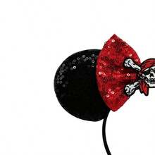 Disney 1件闪亮卡通加勒比海盗骷髅主题大耳朵亮片发箍，女士城堡游乐园装饰发饰，学生派对服装头饰 - 黑色 - 查看 3