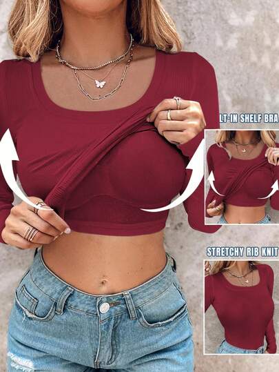 ChicMe ملابس علوية نسائي بياقة مربعة مع حمالة مدمجة، أكمام طويلة مرنة، قصة ضيقة، قماش ناعم مطاطي، توب أساسي، للارتداء اليومي العادي