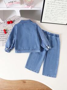 2pcs Baby Girls Street Chic Letter & Cherry Pocket Collar Long Sleeve Denim Jacket And Cherry Pocket Denim Pants Set, Spring/Autumn - Blue - View 3