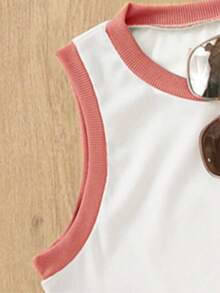 两件套女士优雅复古风纯色撞色滚边吊带背心和中长裙套装 夏季 - 白色和粉紅色 - 查看 4