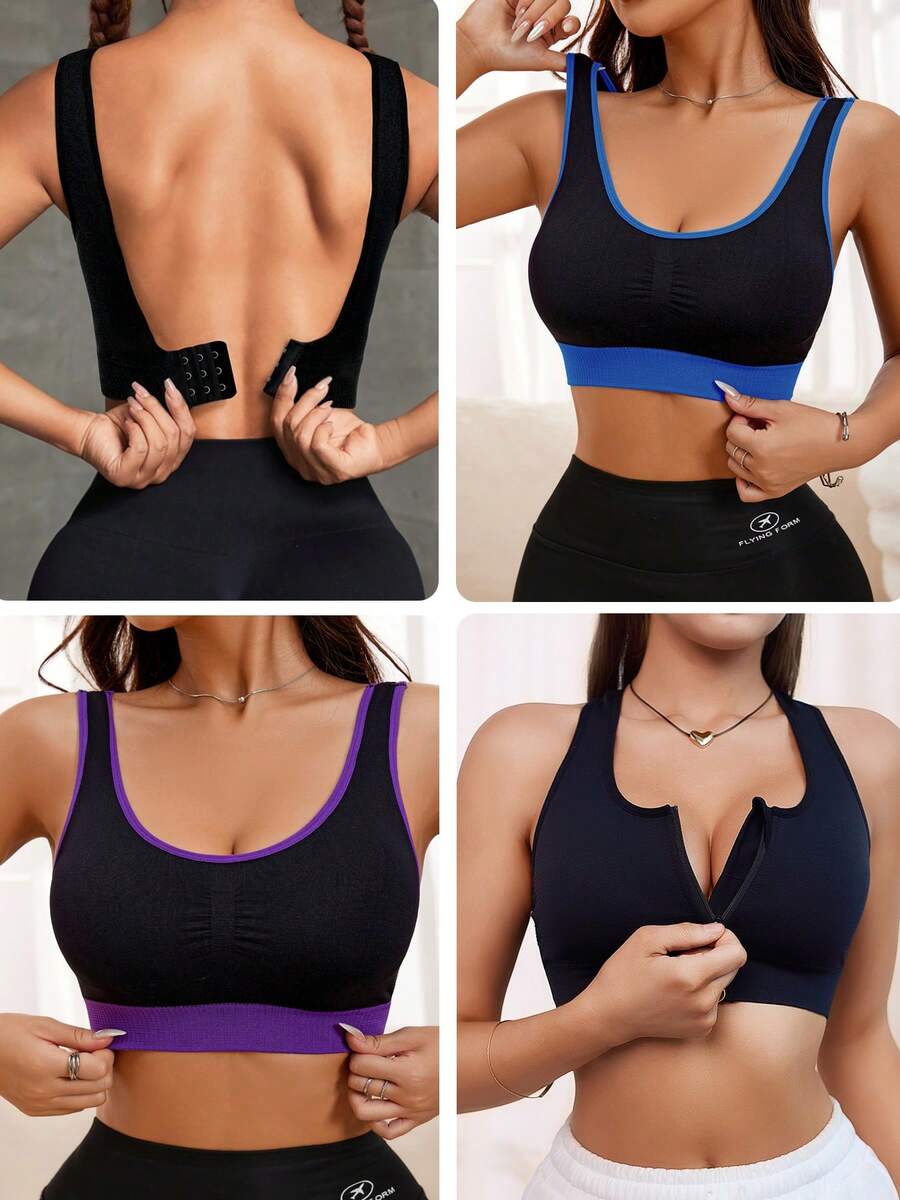 4 Pcs Seamless Comfortable Women's Sports Bras Front-Zip Women's Contrast-Color Sports Bras - Nhiều màu - Xem 1