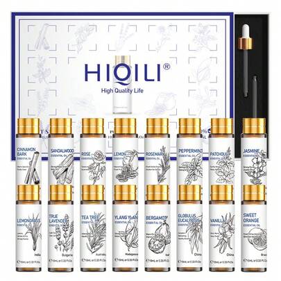  HIQILI 纯精油套装，高级 16 瓶*10mL 香薰精油礼盒，情人节生日礼物，可用于按摩、沐浴、香薰机、加湿器、香薰蜡烛、自制香皂、护肤、DIY 香氛