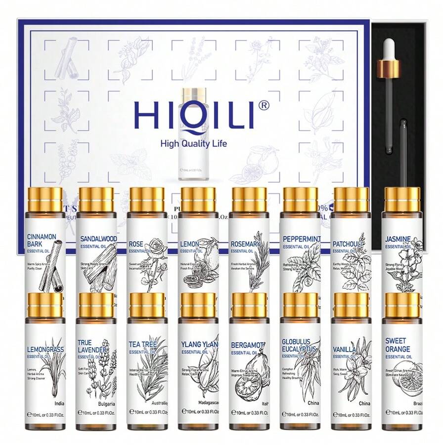HIQILI 纯精油套装，高级 16 瓶*10mL 香薰精油礼盒，情人节生日礼物，可用于按摩、沐浴、香薰机、加湿器、香薰蜡烛、自制香皂、护肤、DIY 香氛 - 多樣化香型 - 查看 1