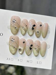 10pcs Handmade Nails Oval Nails Acrylic Press On Nails Medium, Gentle Pink Nails Green Gardient, Flashy Cateye, Butterfly Nail Stickers Nail Gems Diamond Small Stone Chain Inlaid, Edgy Elegant Simple Autumn Nails, Fall Press On Nails, Party Daily & Dating Use Beach Tropical Getaway Suitable,DIY False Nail Art Suitable For Women & Girls As Gift Nail Supplies - Pink - View 3